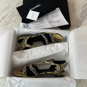 Chanel Yellow Python CC Logo Chain Detail Flat Sandals