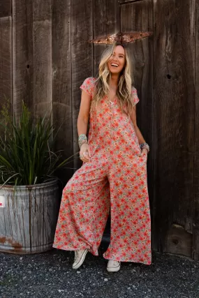 Daphne Floral Print Jumpsuit - Coral