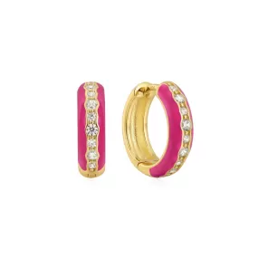 PINK ENAMEL & CZ CHANNEL HUGGIE HOOP EARRINGS